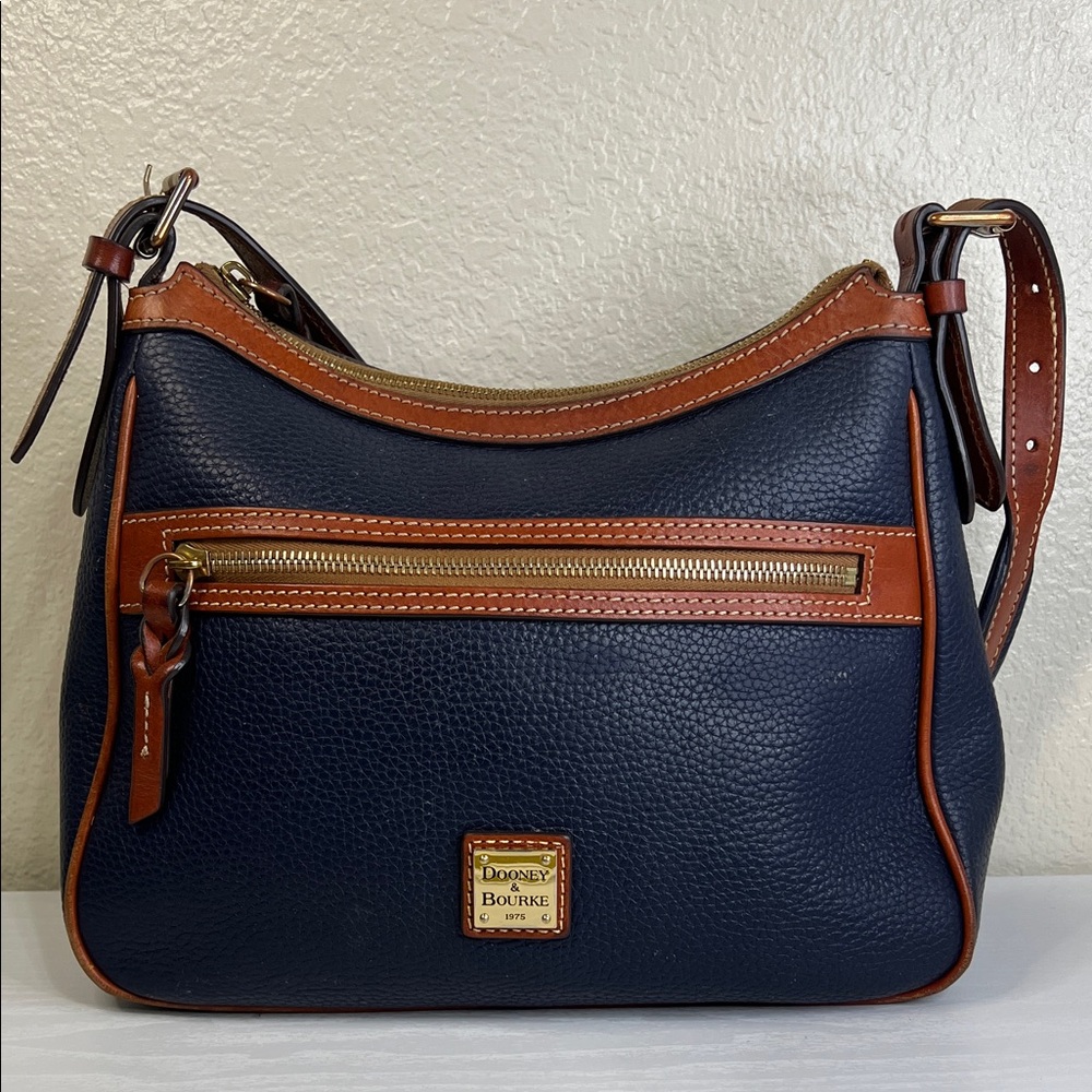 Dooney & Bourke Navy Pebbled Leather Crossbody Bag Tan Trim Gold Hardware